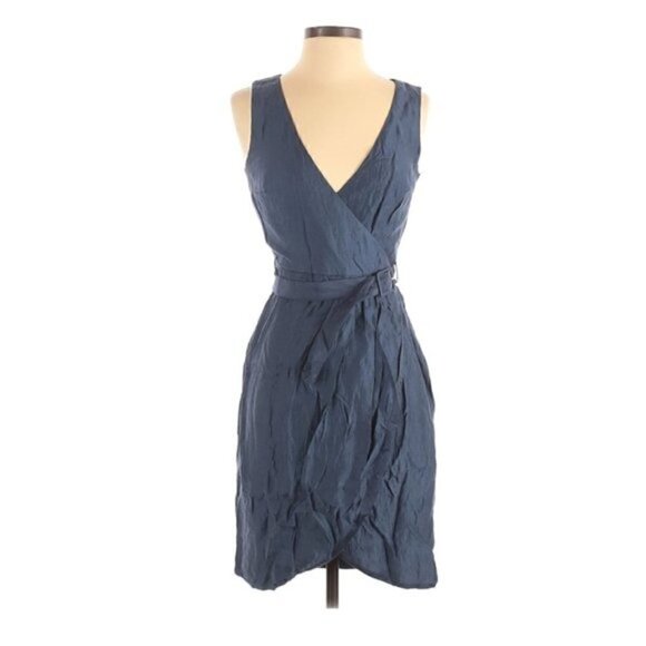 H&M Dress 4 Crinkle Surplice Belted Tencell Lyocell Sustainable Fabric Blue - Picture 1 of 6